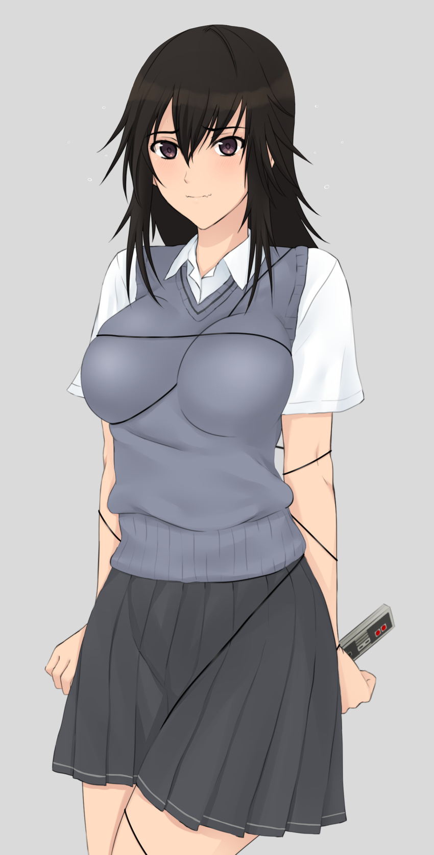 absurdres bad_id bad_pixiv_id blush breasts brown_eyes brown_hair controller famicom_gamepad game_controller gamepad green_kaminari grey_background highres medium_breasts miyamae_tooru school_uniform seiren skirt solo sweater_vest