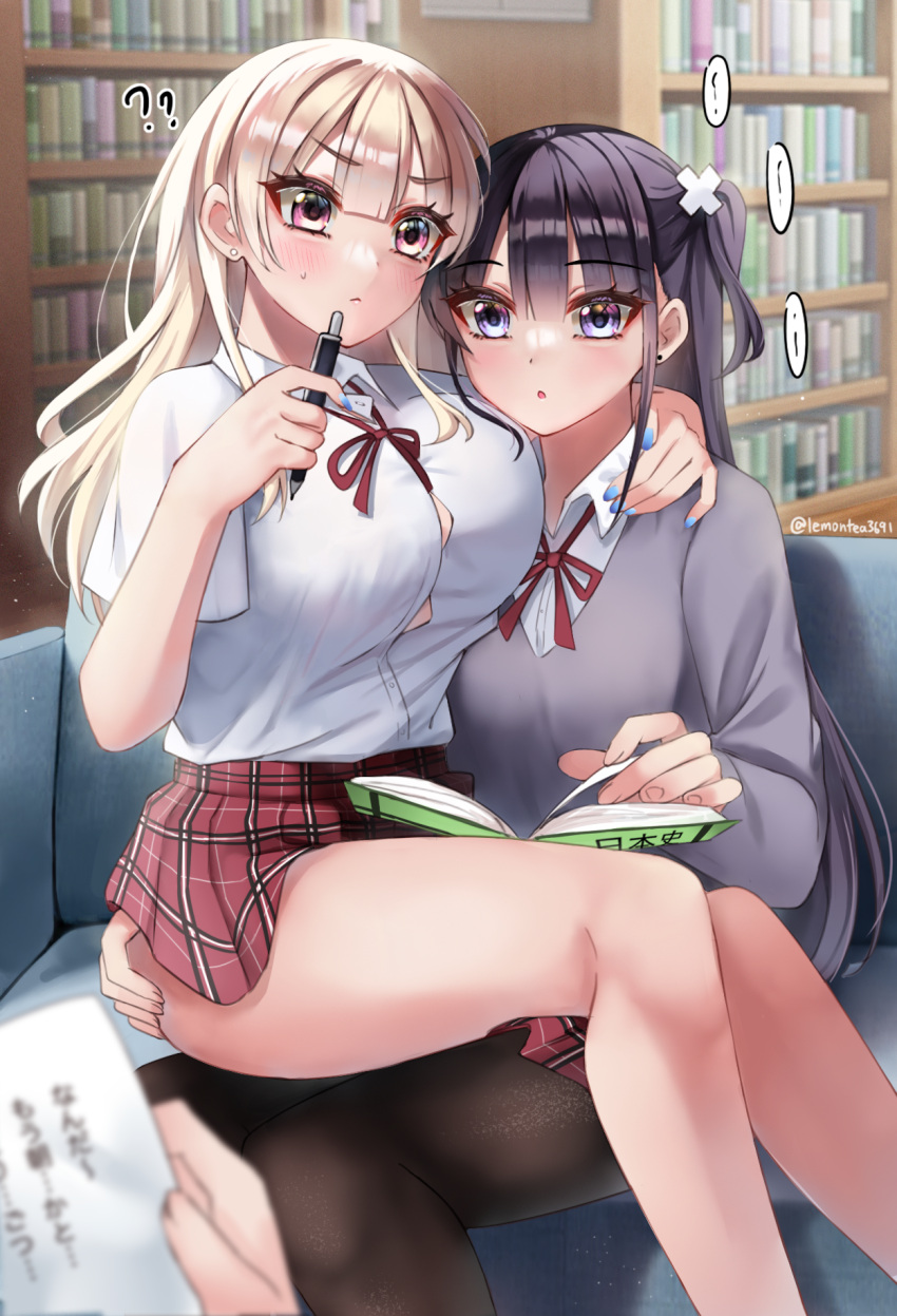 2girls ? arm_around_shoulder blonde_hair book bookshelf breasts couch couple hand_on_another's_ass highres holding holding_book holding_pen large_breasts lemon_t library light_blush long_hair multiple_girls nail_polish necktie on_couch original pen sitting sitting_on_lap sitting_on_person sweater yuri