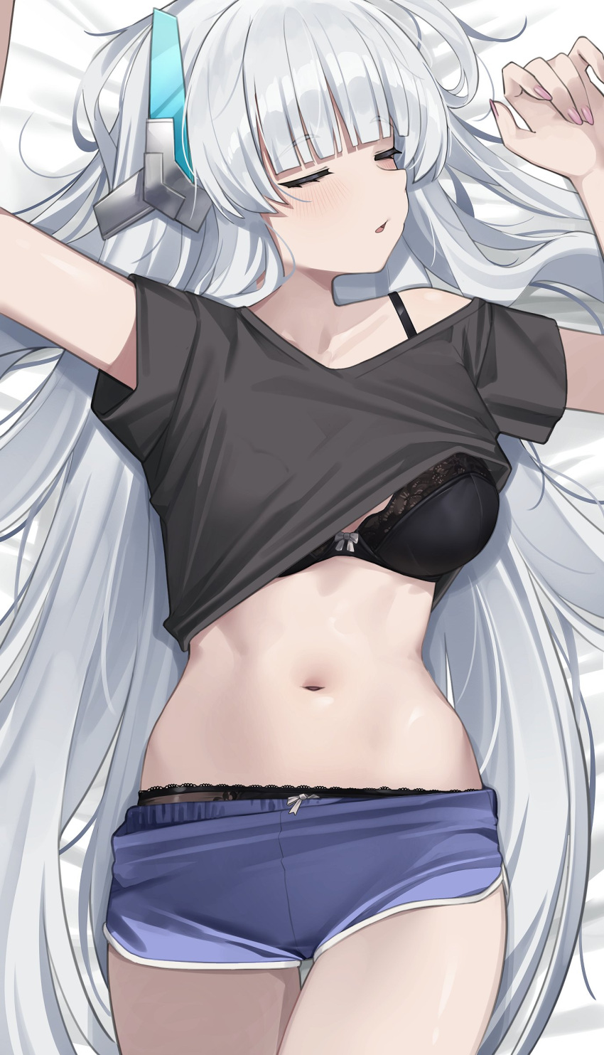 1girl absurdres arms_up black_bra black_panties black_shirt blue_archive blue_shorts blunt_bangs blush bra bra_peek closed_eyes clothes_lift cowboy_shot facing_to_the_side from_above headphones highres legs_together long_hair lying navel noa_(blue_archive) on_back on_bed open_mouth panties panty_peek shirt shirt_lift short_sleeves shorts sleeping solo stomach straight_hair t-shirt thigh_gap underwear wakamepiza white_hair