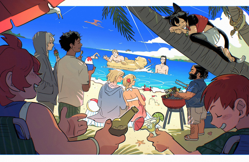 4girls 6+boys alcohol alternate_universe animal_ears arm_hair ball beach beach_chair beach_towel beach_umbrella beachball beard beer beer_bottle bikini bird black_fur black_hair blonde_hair blue_shirt blue_sky blush_stickers border brown_hair cat_ears cat_girl cat_tail chilchuck_tims closed_eyes cloud cocktail cocktail_glass cocktail_umbrella commentary cooking crab cup dragon drinking_glass drooling dungeon_meshi dwarf eating elf facial_hair falin_thorden feathers fish flower food forked_tongue from_behind fruit green_shirt grill grilling hair_flower hair_ornament halfling hawaiian_shirt highres holding holding_cup holding_plate holding_skewer holding_spoon holding_tongs hugging_own_legs ice ice_cube izutsumi kabru laios_thorden leaning_on_person leg_hair lime_(fruit) lime_slice long_hair male_swimwear marcille_donato medium_hair miniskirt mithrun mouth_drool multiple_boys multiple_girls mustache namari_(dungeon_meshi) ocean palm_leaf palm_tree plate pointy_ears ponytail red_flag red_hair red_sarong red_tank_top robodumpling sand sand_castle sand_sculpture sandals sarong seagull seashell senshi_(dungeon_meshi) shell shirt short_hair short_sleeves shorts shurou sitting skewer skirt sky sleeping sleeveless smile snake sorbet_(food) spoon starfish summer sweatdrop swim_ring swim_trunks swimming swimsuit symbol-only_commentary tail tan tank_top toasting_(gesture) tongs tongue towel tree umbrella white_bikini white_border white_hair white_shirt white_shorts yaad_(dungeon_meshi)