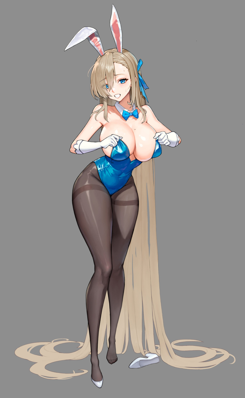 1girl absurdly_long_hair absurdres animal_ears asuna_(blue_archive) asuna_(bunny)_(blue_archive) bare_shoulders black_pantyhose blue_archive blue_bow blue_bowtie blue_eyes blue_leotard blue_ribbon blush bow bowtie braid breasts collar commentary_request detached_collar elbow_gloves eyes_visible_through_hair fake_animal_ears full_body gloves grey_background grin hair_over_one_eye hair_ribbon high_heels highres large_breasts leotard leotard_pull light_brown_hair long_hair looking_at_viewer mole mole_on_breast nervous official_alternate_costume pantyhose rabbit_ears ribbon shoes single_shoe smile solo strapless strapless_leotard sweat thighband_pantyhose unworn_shoes very_long_hair white_collar white_footwear white_gloves young999999990
