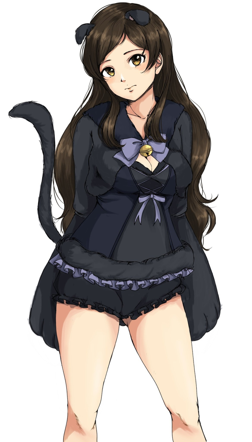 1girl animal_ears animal_hands bell black_bloomers black_jacket bloomers blue_bow blue_bowtie blush bow bowtie breasts brown_eyes brown_hair cat_ears cleavage closed_mouth collarbone cowboy_shot fake_animal_ears frilled_jacket frills gatsby_ssl gloves highres idolmaster idolmaster_million_live! idolmaster_million_live!_theater_days jacket jingle_bell kitazawa_shiho long_hair looking_at_viewer medium_breasts paw_gloves simple_background solo standing white_background