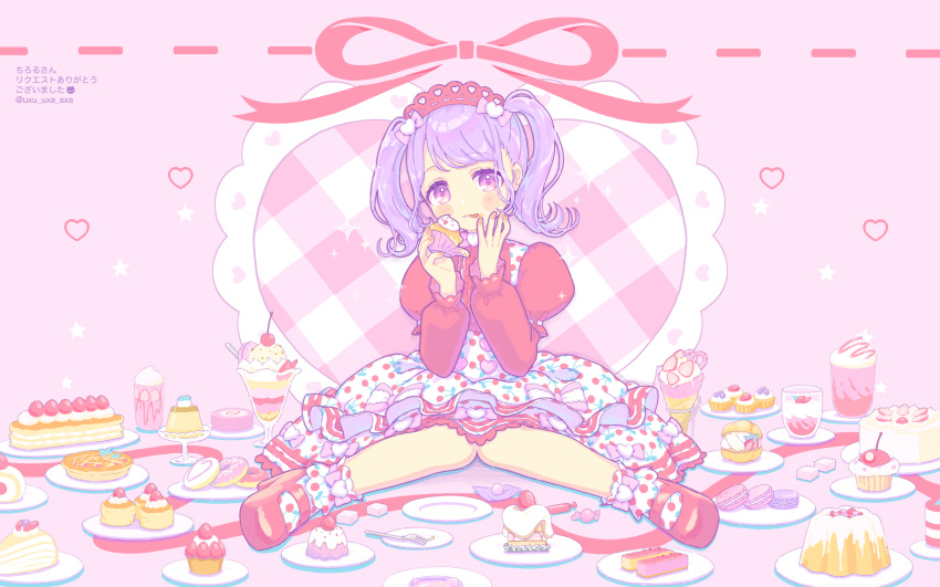 1girl absurdres blush_stickers cake candy cherry commentary commission cupcake doughnut dress empty_plate eyelashes fondue food fork fruit hairband heart highres holding holding_food ice_cream juliet_sleeves licking_lips lolita_fashion lolita_hairband long_sleeves looking_at_viewer macaron muffin original pie polka_dot polka_dot_dress polka_dot_socks puffy_sleeves purple_eyes purple_hair red_shirt shirt skeb_commission solo strawberry strawberry_cake sugar_cube sweet_lolita sweets tongue tongue_out twintails uxu_uxa_axa wrapped_candy