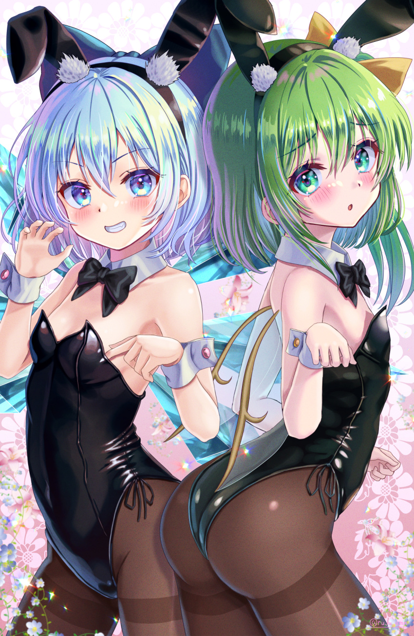 2girls :o alternate_costume animal_ears arms_up ass back-to-back bare_shoulders black_bow black_bowtie black_leotard blue_bow blue_eyes blue_hair blush bow bowtie breasts brown_pantyhose cirno claw_pose commentary cowboy_shot daiyousei detached_collar dot_nose fairy fairy_wings fake_animal_ears floral_background green_eyes green_hair grin hair_between_eyes hair_bow hands_up highleg highleg_leotard highres ice ice_wings leotard looking_at_viewer medium_hair multiple_girls open_mouth pantyhose playboy_bunny rabbit_ears rouge_(my_rouge) short_hair side_ponytail small_breasts smile strapless strapless_leotard thighband_pantyhose touhou twitter_username v-shaped_eyebrows white_wrist_cuffs wings wrist_cuffs yellow_bow