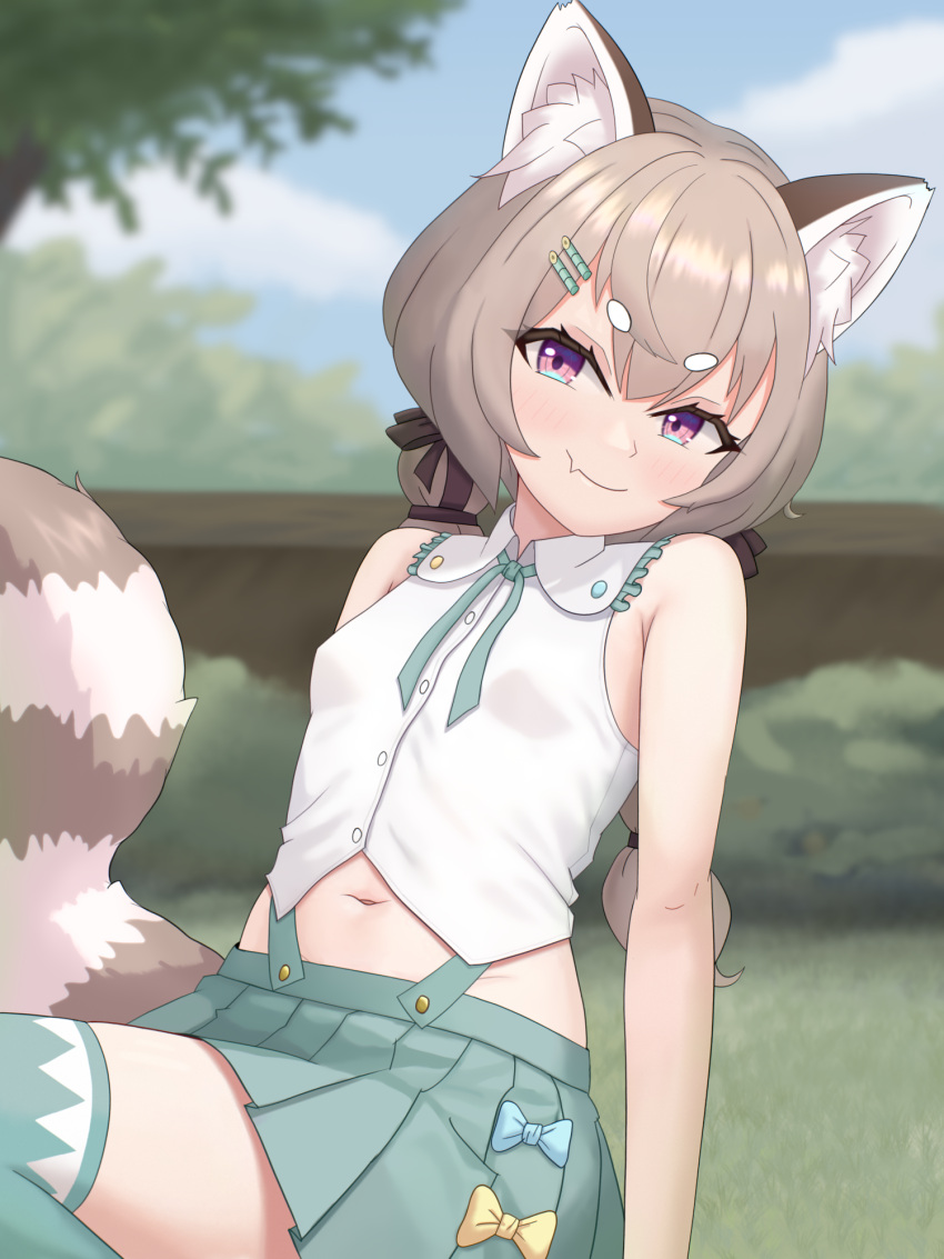 1girl animal_ear_fluff animal_ears arm_support blue_sky blush bow braid breasts brown_hair cloud collared_shirt day fang grass green_skirt hair_ornament hairclip highres kaemble komachi_panko long_hair looking_at_viewer navel neck_ribbon outdoors phase_connect pleated_skirt purple_eyes reclining red_panda_ears red_panda_girl red_panda_tail ribbon shirt short_eyebrows skin_fang skirt sky small_breasts smile solo thick_eyebrows thighhighs tree twin_braids virtual_youtuber white_shirt zettai_ryouiki