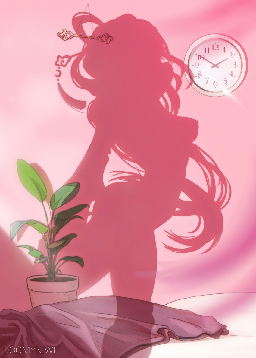 1girl absurdres arched_back breasts clock cloth completely_nude doomykiwi dressed_shadow_(meme) feet_out_of_frame fu_xuan_(honkai:_star_rail) hair_ornament hairpin highres honkai:_star_rail honkai_(series) leg_grab leg_up long_hair meme nipples nude plant potted_plant shadow signature silhouette small_breasts solo standing standing_on_one_leg very_long_hair wall_clock