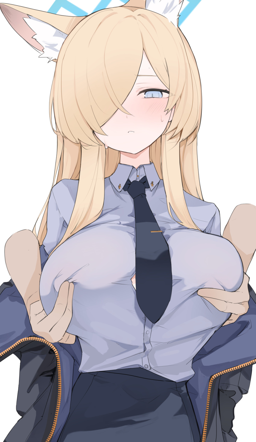 1girl animal_ear_fluff animal_ears black_necktie blonde_hair blue_archive blue_halo blue_shirt breasts closed_mouth collared_shirt commentary disembodied_limb grabbing grabbing_another's_breast grabbing_from_behind hair_over_one_eye halo highres jacket kanna_(blue_archive) large_breasts long_hair mikozin necktie shirt simple_background skirt solo_focus sweat sweatdrop upper_body white_background