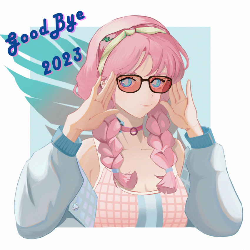 1girl 2023 arknights bare_shoulders blue_eyes blue_jacket blue_poison_(arknights) blue_poison_(shoal_beat)_(arknights) braid choker commentary hairband hands_up highres jacket long_hair long_sleeves looking_at_viewer nwen off_shoulder official_alternate_costume pink_choker pink_hair smile solo sports_bra sunglasses twin_braids upper_body