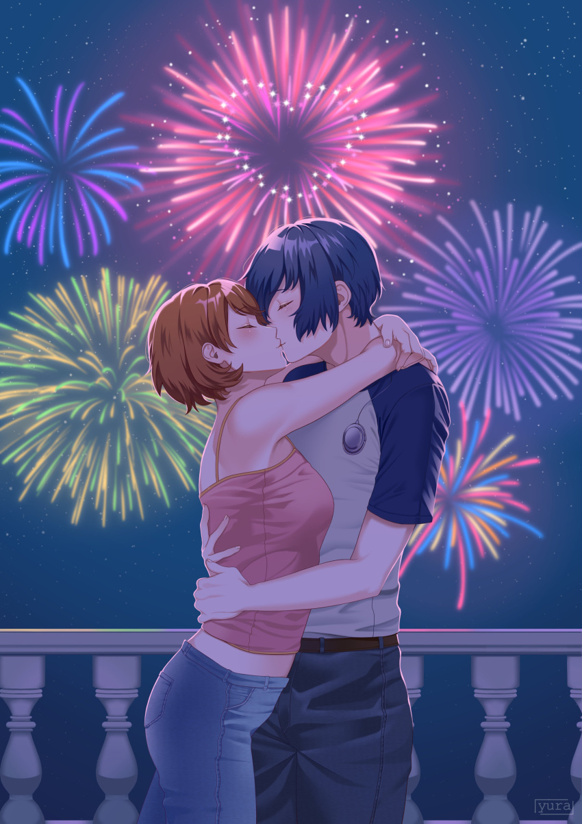 1boy 1girl absurdres aerial_fireworks arms_around_neck bare_shoulders belt blue_hair blue_pants blush breasts brown_hair camisole closed_eyes commission couple cowboy_shot denim facing_another fireworks from_side hands_on_another's_back headphones headphones_around_neck heart hetero highres hug jeans kiss medium_breasts midriff_peek night night_sky official_alternate_costume outdoors pants persona persona_3 pink_camisole profile shirt short_hair short_sleeves signature sky spaghetti_strap star_(sky) starry_sky takeba_yukari yura_s_arts yuuki_makoto_(persona_3)
