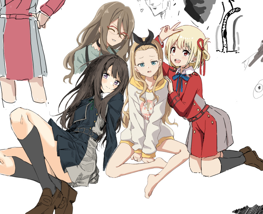 4girls bare_legs black_hair black_hairband blonde_hair bow_hairband brown_hair closed_eyes dress flame_tsukushi glasses grey_dress hair_between_eyes hair_ribbon hairband highres inoue_takina kurumi_(lycoris_recoil) long_hair long_hoodie looking_at_viewer lycoris_recoil lycoris_uniform multiple_girls nakahara_mizuki nishikigi_chisato one_side_up over-rim_eyewear pleated_dress purple_eyes red-framed_eyewear red_eyes red_ribbon ribbon semi-rimless_eyewear short_hair sketch smile squirrel_print two-tone_dress uniform v yellow_hood