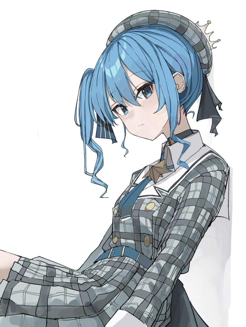 1girl arms_at_sides belt beret black_bow blue_belt blue_eyes blue_hair blue_necktie bow closed_mouth collared_shirt cowboy_shot crown from_side frown grey_headwear grey_shirt grey_skirt hair_bow hat highres hololive hoshimachi_suisei karyln legs_together long_hair long_sleeves looking_at_viewer mini_crown necktie plaid plaid_headwear plaid_shirt plaid_skirt pleated_skirt sailor_collar shirt side_ponytail simple_background sitting skirt solo virtual_youtuber white_background white_sailor_collar white_shirt