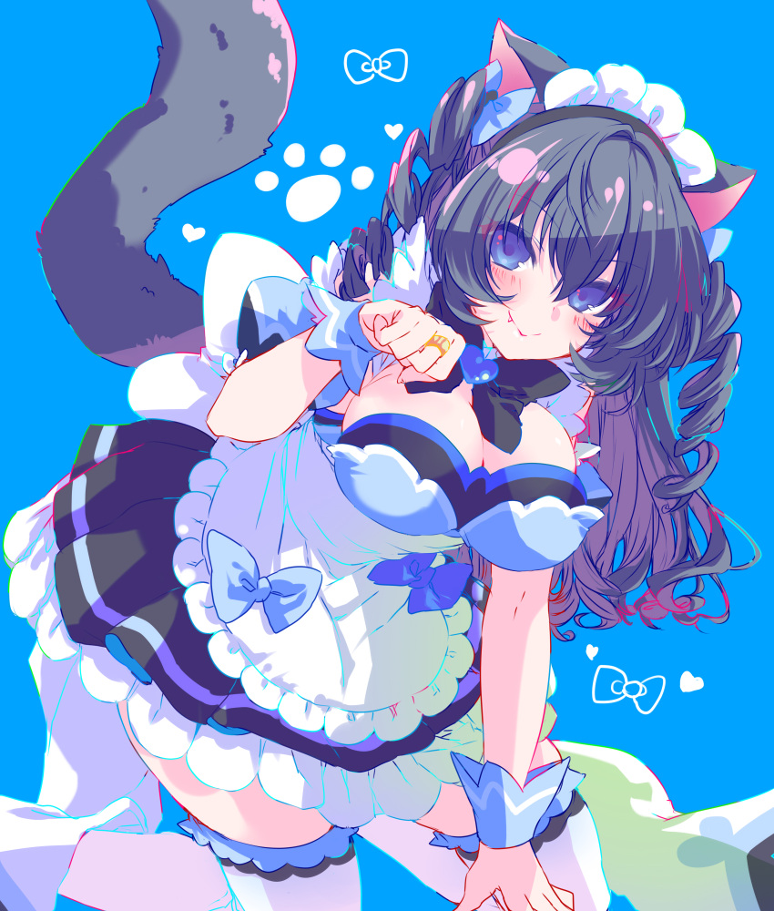 1girl animal_ears apron assault_lily back_bow black_bow black_bowtie black_dress black_hair blue_background blue_bow blue_eyes blush bow bowtie breasts cat_ears cat_girl cat_tail cleavage closed_mouth commentary detached_sleeves dress dress_bow drill_hair fang fang_out foot_out_of_frame frilled_apron frills hair_between_eyes hair_bow hand_up heart highres jewelry kemonomimi_mode kneeling large_breasts layered_dress long_hair looking_at_viewer maid maid_headdress nari_(mokemokenari) official_alternate_costume paw_pose puffy_detached_sleeves puffy_short_sleeves puffy_sleeves ring short_sleeves simple_background sleeveless sleeveless_dress smile solo tail tail_raised thighhighs twin_drills two_side_up waist_apron wavy_hair white_apron white_thighhighs wrist_cuffs yokota_haruna