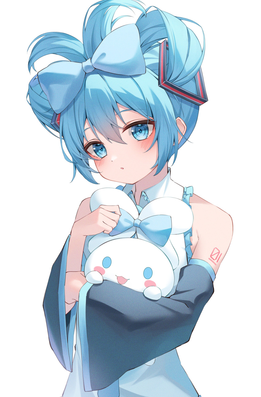 1girl :o absurdres animal_hug bare_shoulders black_sleeves blue_eyes blue_hair blue_necktie blush cinnamiku cinnamoroll collarbone collared_shirt detached_sleeves dot_nose frilled_shirt frills hair_between_eyes hatsune_miku highres long_sleeves looking_at_viewer necktie number_tattoo open_mouth rabbit ryaru_ryaru sanrio shirt short_hair sidelocks sleeveless sleeveless_shirt solo tattoo updo upper_body white_shirt