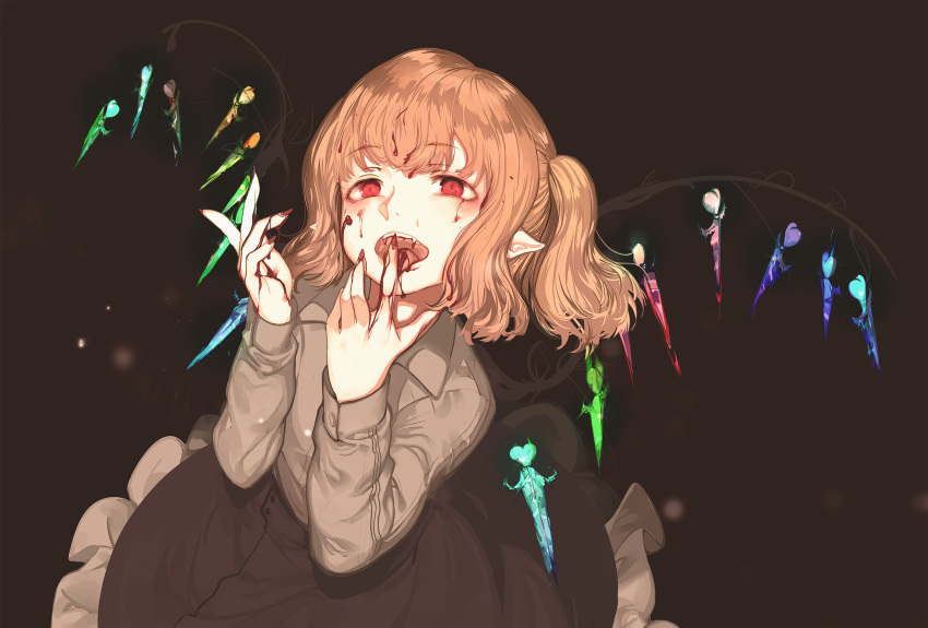 1girl black_skirt blonde_hair blood blood_in_hair blood_in_mouth blood_on_clothes blood_on_face blood_on_tongue collared_shirt crystal_wings drinking_blood fingernails flandre_scarlet frilled_skirt frills hair_between_eyes highres long_hair long_sleeves lying multicolored_wings nail_polish non-web_source on_back pink_shirt pointy_ears red_nails sharp_fingernails shirt side_ponytail skirt soku_(bluerule-graypray) solo touhou vampire white_shirt wings