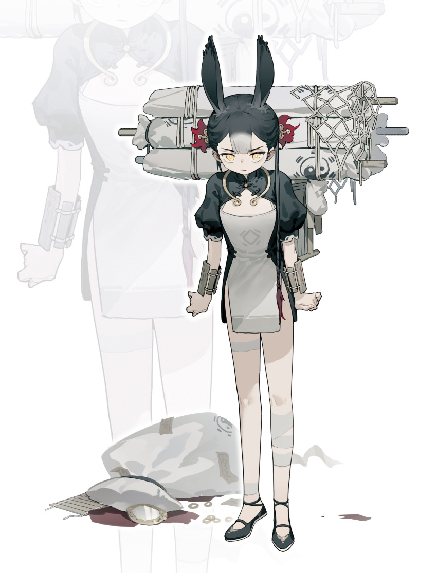 1girl absurdres animal_ears bag bandaged_leg bandages black_footwear black_hair china_dress chinese_clothes cleavage_cutout clenched_hands closed_mouth clothing_cutout coin dress frown full_body grey_hair gua61 hair_bun highres looking_at_viewer multicolored_hair original pelvic_curtain puffy_short_sleeves puffy_sleeves rabbit_ears rope shoes short_sleeves solo standing trash_bag white_background yellow_eyes yin_yang zoom_layer