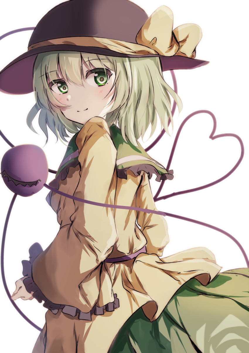 black_headwear blouse bow eyeball frilled_shirt_collar frilled_sleeves frills green_eyes green_hair green_skirt hat hat_bow hat_ribbon heart heart_of_string highres komeiji_koishi natsume_suzuri ribbon shirt skirt third_eye touhou white_background wide_sleeves yellow_bow yellow_ribbon yellow_shirt