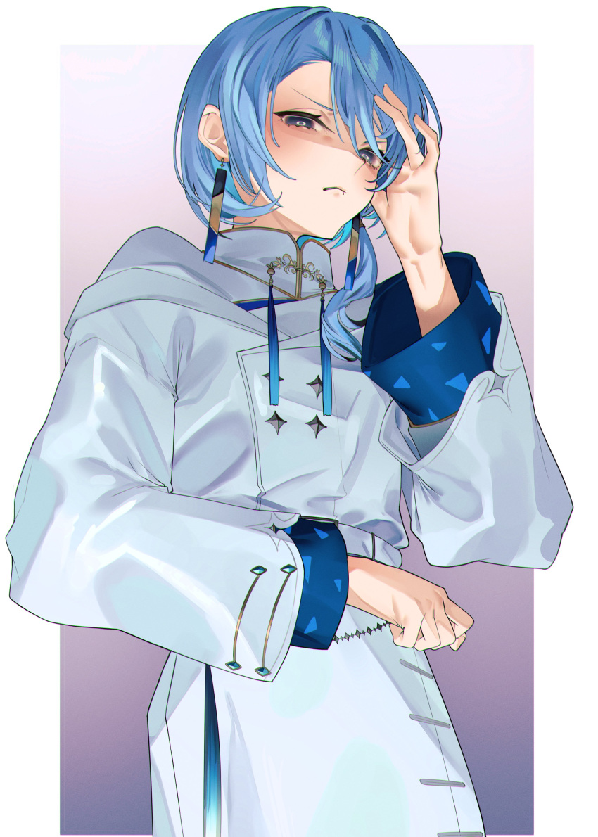 absurdres blue_eyes blue_hair chinese_clothes coat disgust earrings eredhen hair_between_eyes hand_on_own_face highres hololive hoshimachi_suisei jewelry long_sleeves looking_at_viewer looking_down scowl shaded_face short_hair virtual_youtuber white_coat