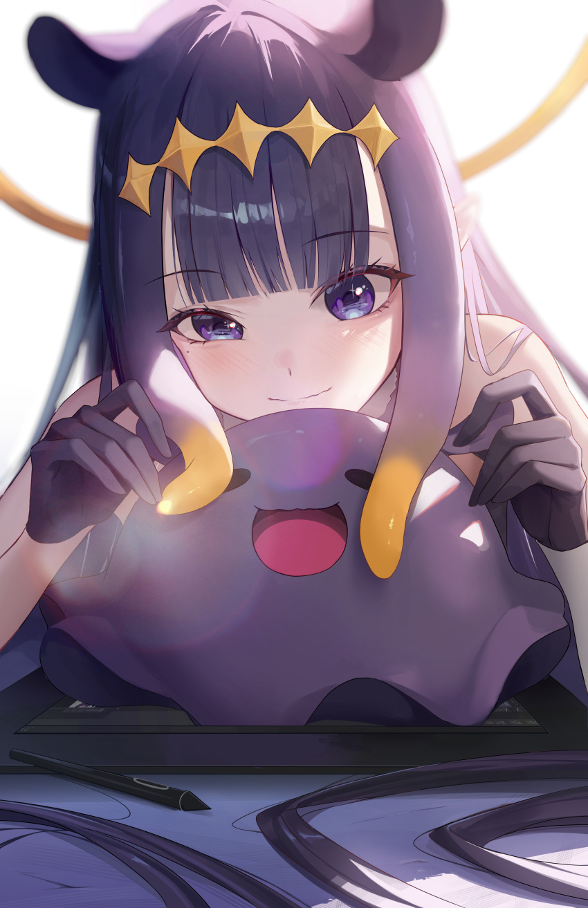 1girl absurdres bare_shoulders black_gloves blunt_bangs blurry blurry_background blush closed_mouth clrawing commentary diamond_hairband drawing_tablet english_commentary gloves gradient_hair halo highres hololive hololive_english light_smile long_hair lying mascot mole mole_under_eye multicolored_hair ninomae_ina'nis on_stomach open_mouth orange_hair pointy_ears purple_eyes purple_hair smile solo stylus takodachi_(ninomae_ina'nis) umbrella_octopus upper_body virtual_youtuber white_background