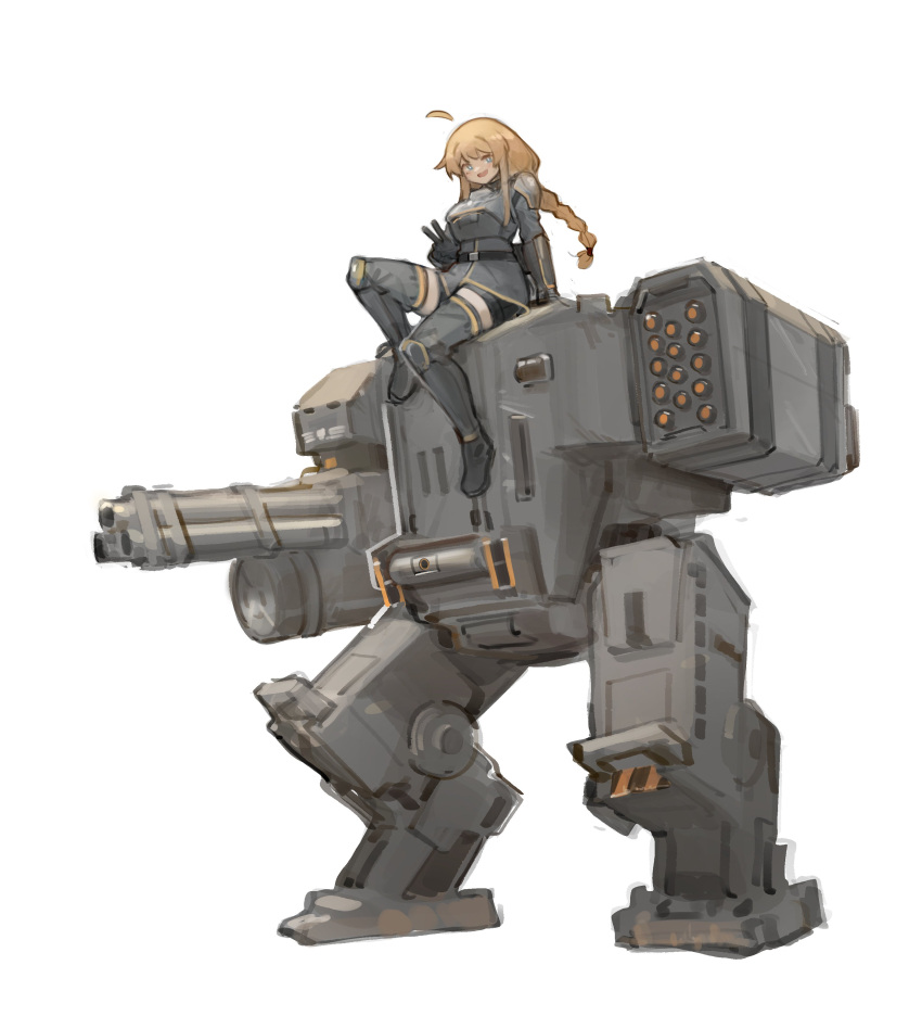 1girl absurdres ahoge belt bike_shorts blonde_hair blue_eyes boots braid breasts cannon dress english_commentary full_body gatling_gun grey_dress helldivers_(series) highres indie_virtual_youtuber long_hair looking_at_viewer mecha medium_breasts minigun missile missile_pod open_mouth robot science_fiction simple_background sitting smile solo thigh_boots v very_long_hair walker_(robot) whiskey_project white_background xerbatt