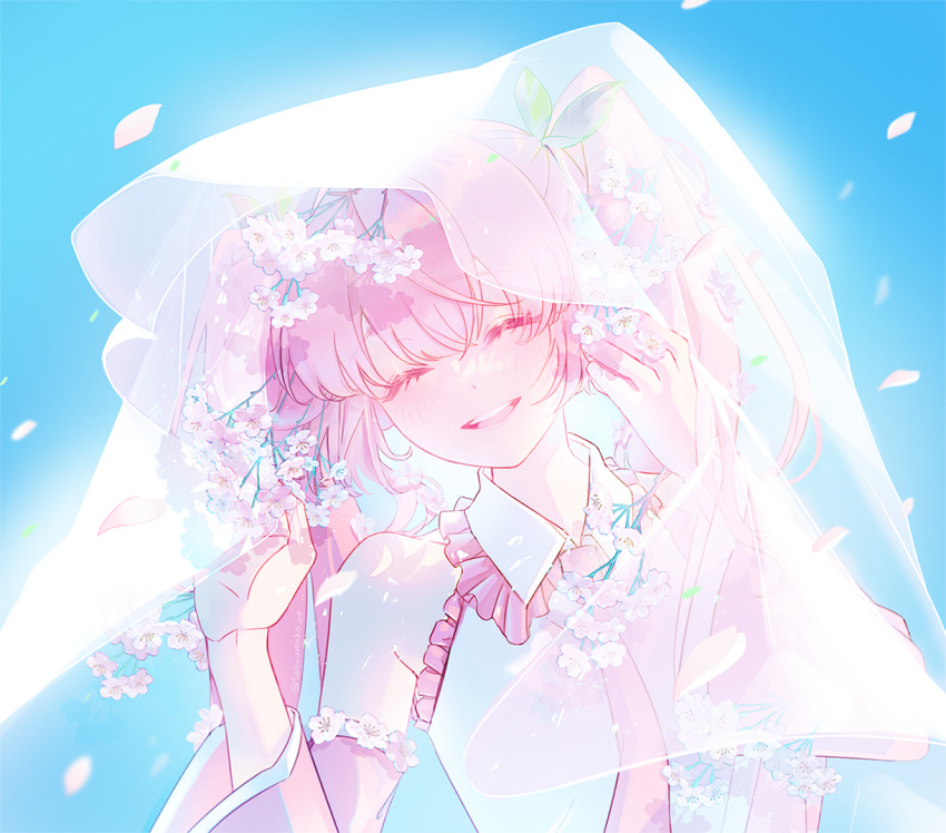 1girl bare_shoulders blue_background blush branch cherry_blossoms closed_eyes collared_shirt detached_sleeves facing_viewer falling_petals flower frills hair_flower hair_ornament hands_up hatsune_miku head_tilt long_hair miku_day necktie petals pink_hair pink_necktie pink_sleeves sabaumako sakura_miku shirt simple_background sleeveless sleeveless_shirt smile solo teeth twintails upper_body veil vocaloid white_shirt