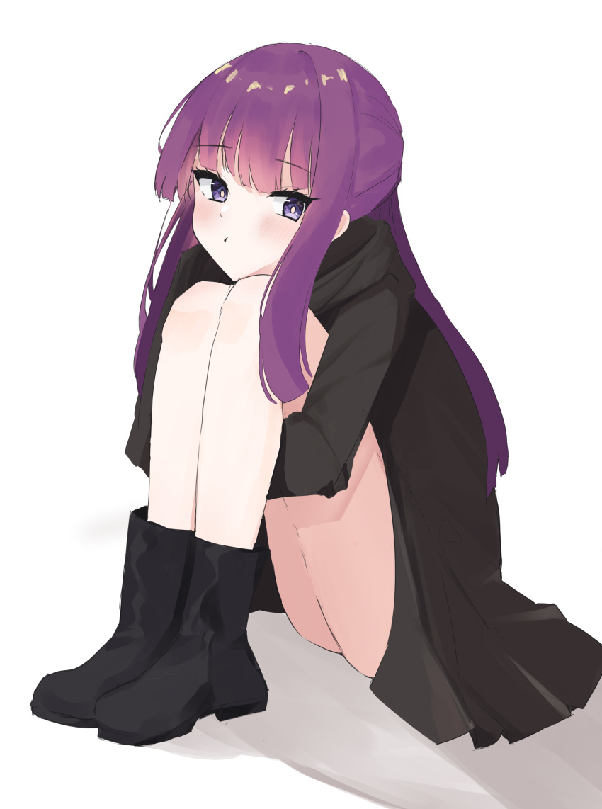 1girl absurdres bare_legs black_coat black_footwear black_robe blunt_bangs blush boots coat fern_(sousou_no_frieren) full_body highres hugging_own_legs kari_(pixiv_62996490) knees_up long_hair long_sleeves looking_at_viewer pout purple_eyes purple_hair robe sidelocks simple_background sitting solo sousou_no_frieren straight_hair white_background