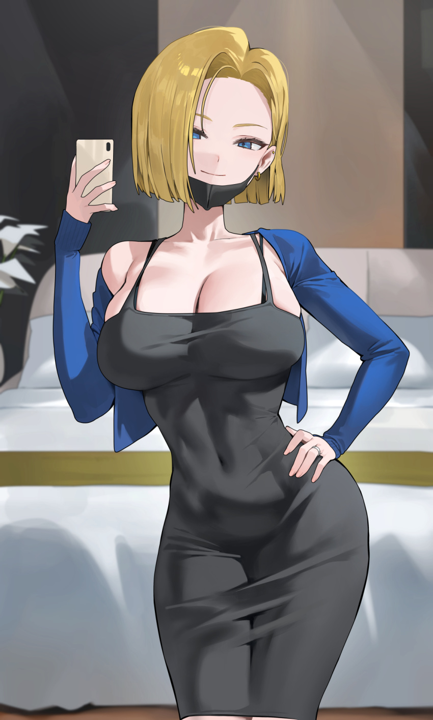 1girl adapted_costume alternate_costume android_18 bed black_dress black_mask blonde_hair blue_eyes blue_jacket blunt_ends breasts cellphone cleavage collarbone covered_navel cropped_jacket dongtan_dress dragon_ball dragon_ball_z dress forehead hand_on_own_hip highres holding holding_phone hood_(james_x) indoors jacket large_breasts light_smile looking_at_viewer mask mask_pull meme_attire mouth_mask phone short_hair single_bare_shoulder solo standing taut_clothes taut_dress