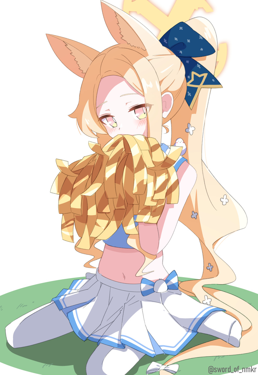 1girl absurdres animal_ear_fluff animal_ears blonde_hair blue_archive blush cheerleader extra_ears fox_ears halo highres holding holding_pom_poms long_hair looking_at_viewer murasame_(sword_of_nmkr) navel pantyhose pleated_skirt pom_pom_(cheerleading) revision seia_(blue_archive) simple_background skirt solo twitter_username white_background white_pantyhose white_skirt yellow_eyes yellow_halo