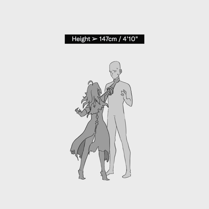 1boy 1girl ahoge capelet dress english_text geega_(vtuber) gloves greyscale halfbakelim height height_difference highres long_hair monochrome simple_background standing sweat throat_grab tiptoes torn_clothes virtual_youtuber vshojo white_background wide_shot