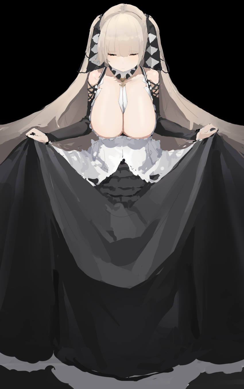 1girl absurdres azur_lane between_breasts black_background black_dress bowing breasts cleavage closed_eyes curtsey dress formidable_(azur_lane) frills full_body highres large_breasts light_brown_hair long_hair lump_saury simple_background skirt_hold solo very_long_hair