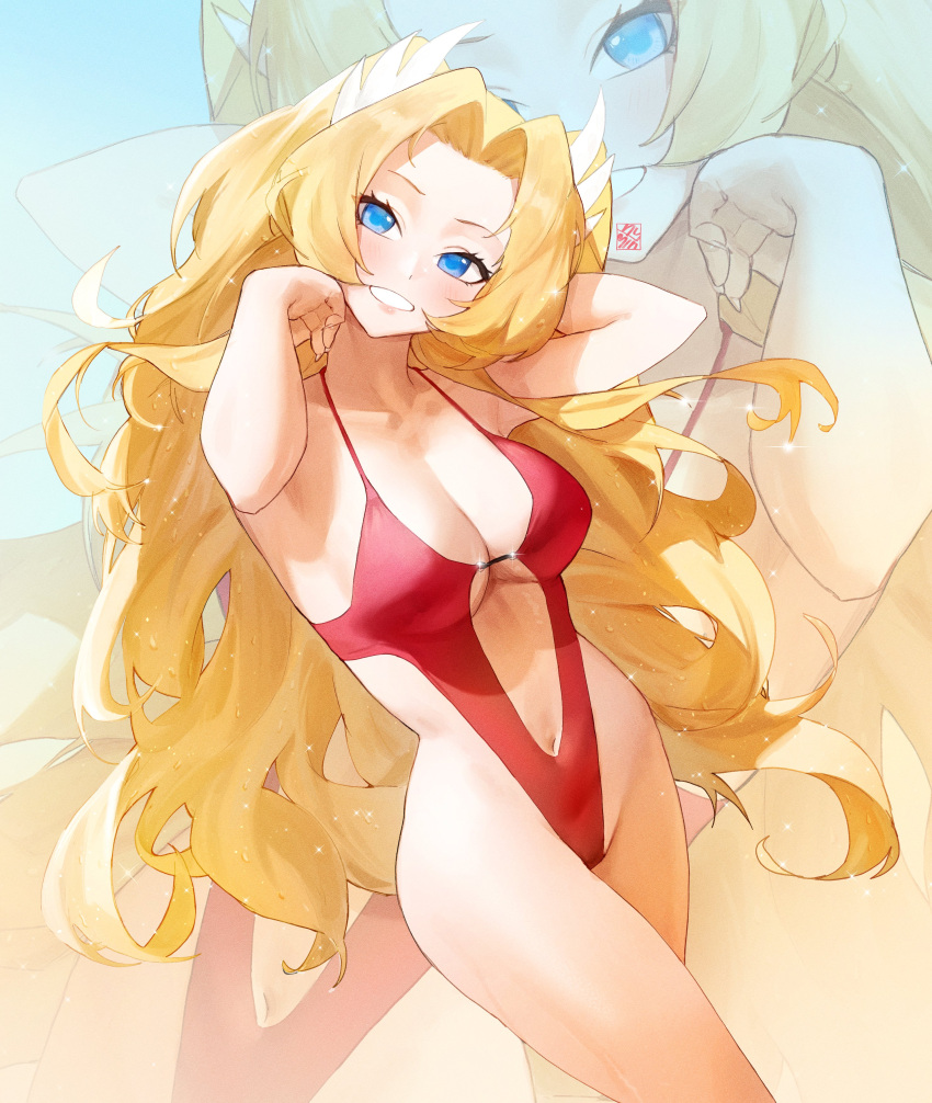 1girl absurdres big_hair blonde_hair blue_eyes breasts character_request cleats hair_flip hair_tuft head_tilt highres hymin long_hair medium_breasts narrow_waist navel one-piece_swimsuit original plunging_neckline red_one-piece_swimsuit revealing_clothes solo spaghetti_strap swimsuit very_long_hair zoom_layer