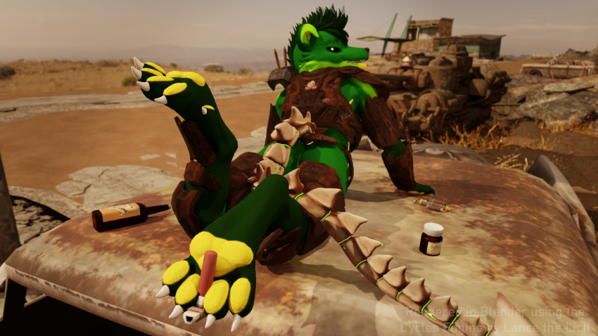 16:9 ambiguous_gender andromorph anthro armor bethesda_softworks bone_tail canid canine canis curling_toes drug_usage drugs fallout feet female foot_fetish foot_focus foot_play fur green_body green_fur gun hi_res intersex lance_barrowpaw lance_the_lich lich male mammal pawpads paws post-apocalyptic pubes raider_(fallout) ranged_weapon solo solo_focus tank toes undead vehicle weapon widescreen wolf