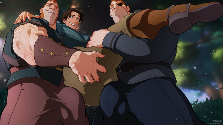 3boys absurdres ass ass_grab bara brown_hair bulge bulge_to_ass covered_penis dizdoodz eyepatch flynn_rider from_side grabbing_another's_ass groping group_sex highres huge_ass large_bulge lifting_person long_sideburns male_focus mmm_threesome multiple_boys muscular muscular_male mutton_chops paid_reward_available patchy_stabbington sideburns sideburns_stabbington size_difference standing tangled thick_eyebrows thick_thighs thighs threesome yaoi