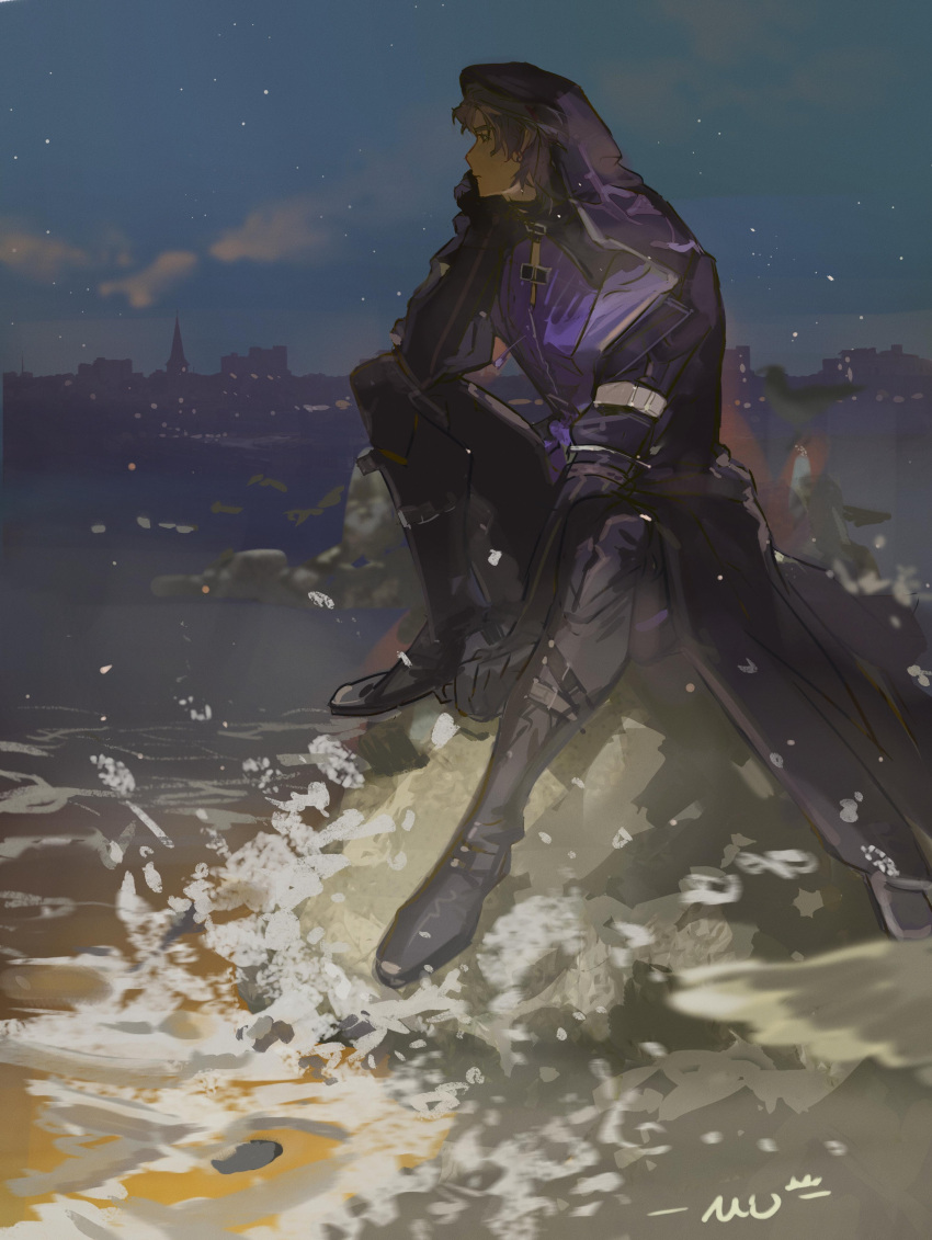 1boy absurdres beach black_coat black_footwear black_gloves black_pants boots coat dark_skin gloves highres hood hood_up horizon light_particles male_focus muyihui night night_sky ocean original outdoors pants purple_hair rock shirt sitting sky solo star_(sky) water