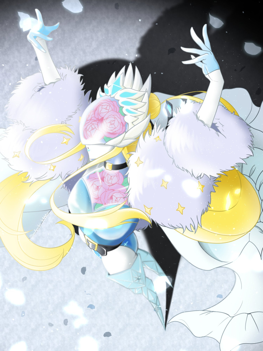 1girl aqua_gloves aqua_leotard arms_up belt black_choker blonde_hair blurry blurry_background boots cendrillmon choker coat colored_skin covered_eyes digimon digimon_(creature) fur_coat fur_trim gloves half_gloves helmet helmet_over_eyes highres long_hair manchi_kansuke off-shoulder_coat off_shoulder petals print_headwear print_leotard shadow solo standing star_(symbol) thigh_boots twitter_username white_skin