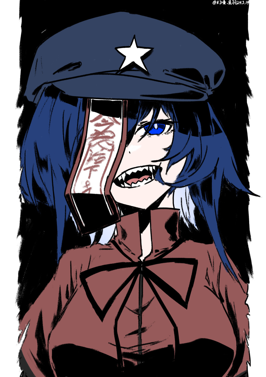 1girl absurdres black_background black_headwear blue_hair breasts cabbie_hat commentary_request hat hat_ornament highres medium_hair miyako_yoshika one-hour_drawing_challenge simple_background solo star_(symbol) star_hat_ornament tate_eboshi touhou upper_body ve1024