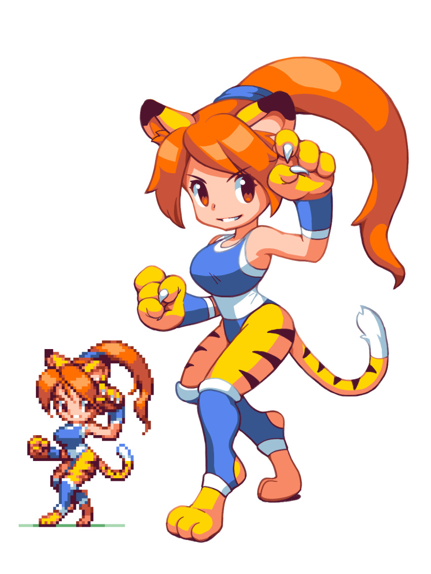 1girl animal_ears animal_hands blue_leggings blue_tank_top hands_up highres leggings looking_at_viewer on_hind_legs orange_eyes orange_hair original parted_bangs pixelflag ponytail smile tail tank_top tiger tiger_ears tiger_paws tiger_tail v-shaped_eyebrows