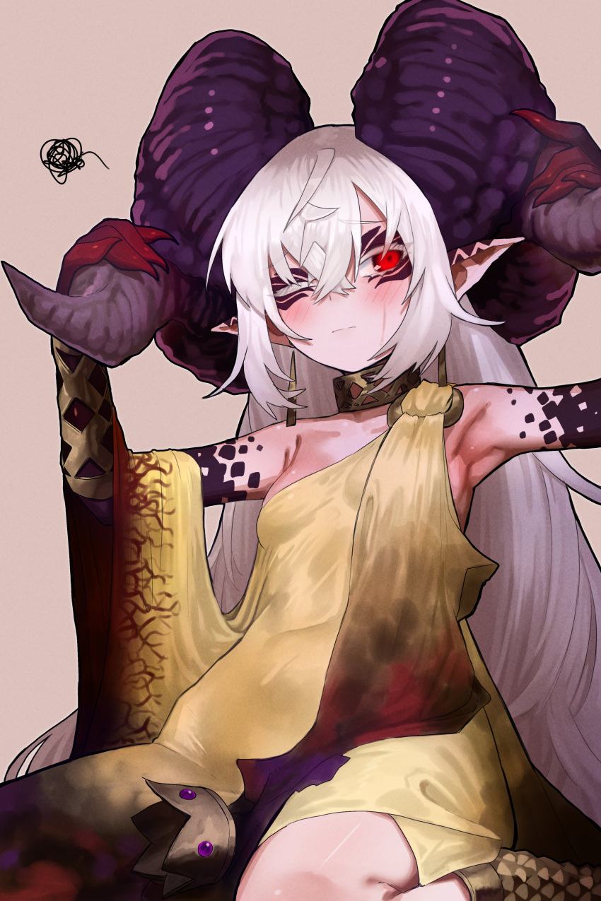 1girl absurdres armpits bare_arms bare_shoulders breasts crown ekrea_jan highres large_horns long_hair monster_girl one_eye_closed original pointy_ears red_eyes small_breasts solo unworn_crown