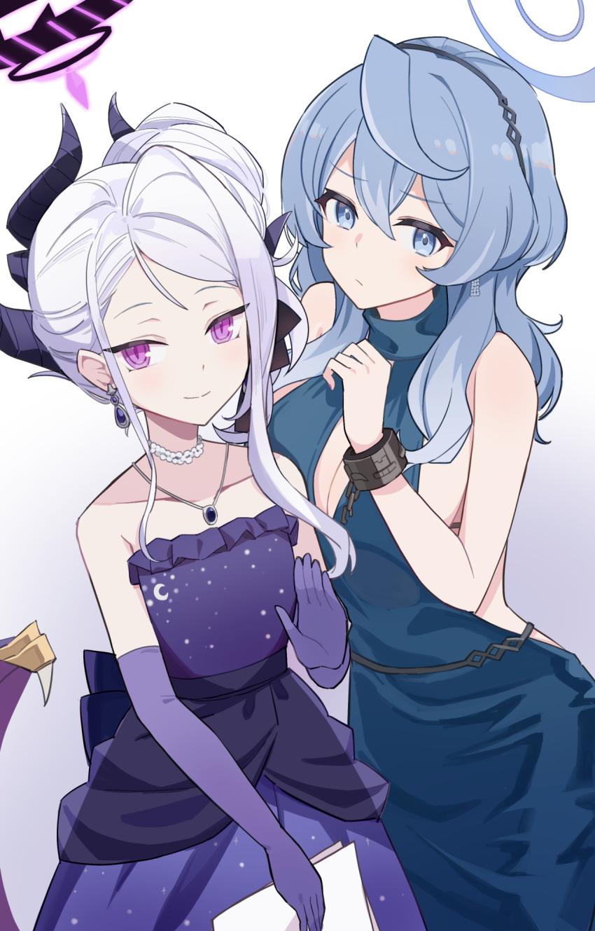 2girls ako_(blue_archive) ako_(dress)_(blue_archive) backless_dress backless_outfit black_horns blue_archive blue_dress blue_eyes blue_hair blue_halo commentary_request cuffs dangle_earrings dress earrings elbow_gloves gloves gradient_background grey_background hair_up halo highres hina_(blue_archive) hina_(dress)_(blue_archive) holding holding_paper horns jewelry looking_at_viewer multicolored_halo multiple_girls multiple_horns necklace official_alternate_costume official_alternate_hairstyle paper plunging_neckline purple_dress purple_eyes purple_gloves purple_hair shiduki_eku smile strapless strapless_dress two-tone_halo