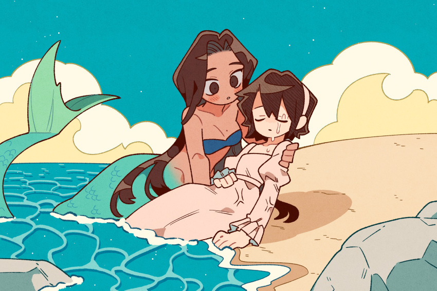 2girls amelia_lee beach bikini bikini_top_only blue_bikini breasts brown_eyes brown_hair camilla_(i_love_amy) cleavage closed_eyes cloud dark-skinned_female dark_skin dress feet_out_of_frame hairband highres i_love_amy long_hair long_sleeves medium_breasts mermaid mole mole_on_breast monster_girl multiple_girls ocean outdoors reclining sand short_hair sky strapless strapless_bikini swimsuit unn1666 very_long_hair water wet white_dress white_hairband