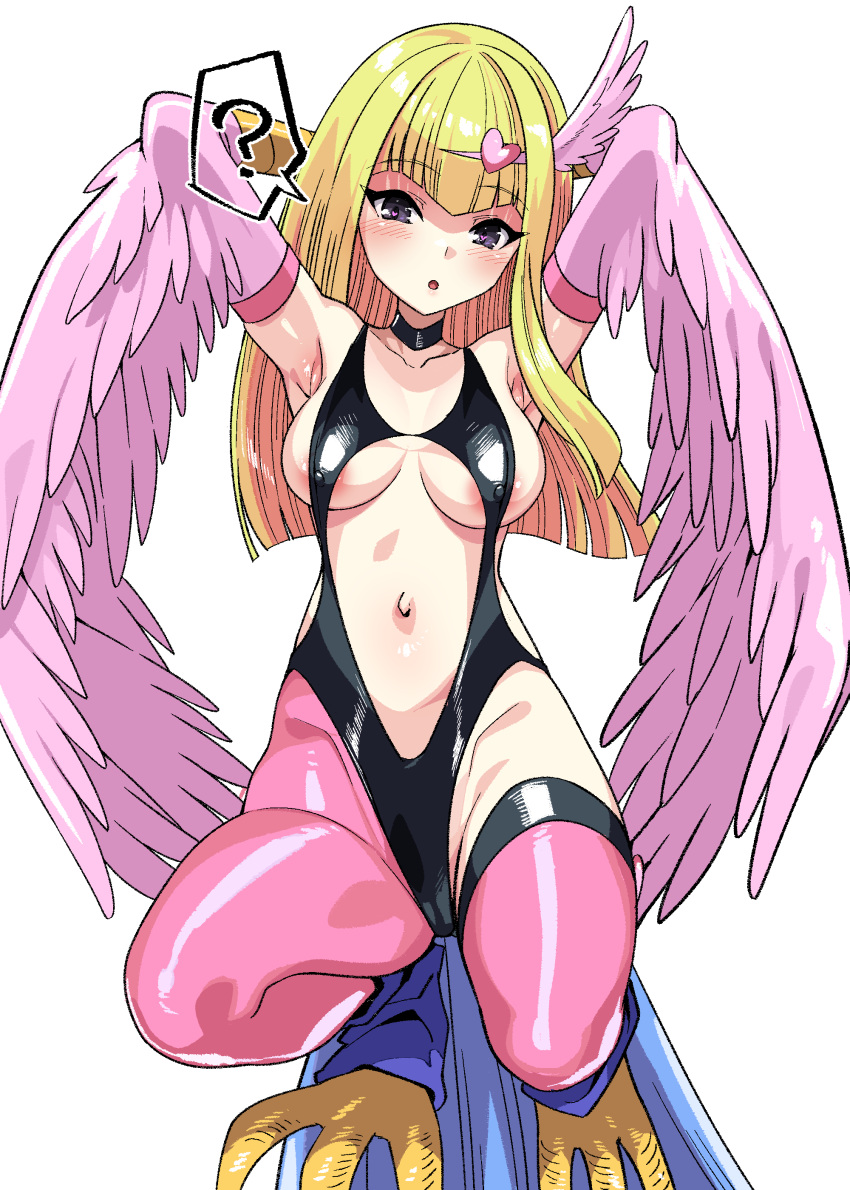 1girl ? absurdres blonde_hair blush breasts covered_nipples cowboy_shot duel_monster feathered_wings feathers hair_ornament harigane_shinshi harpie_girl_(yu-gi-oh!) harpy heart heart_hair_ornament highres large_breasts long_hair monster_girl open_mouth pink_feathers pink_wings purple_eyes solo winged_arms wings yu-gi-oh!