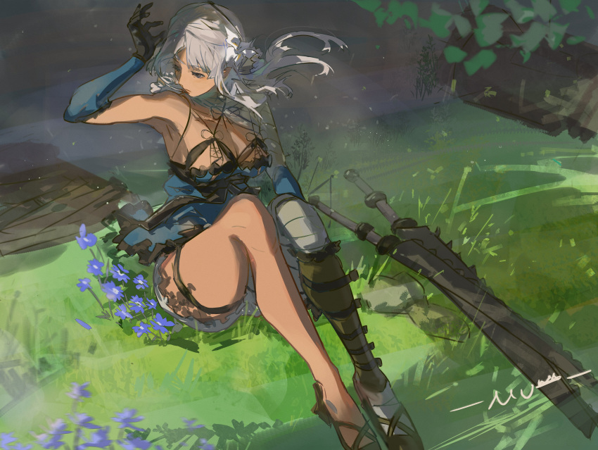 1girl absurdres bandaged_arm bandaged_leg bandages black_footwear black_gloves blue_dress braid breasts cleavage dress elbow_gloves flower gloves grass hair_flower hair_ornament hand_up high_heels highres holding holding_weapon kaine_(nier) lingerie muyihui negligee nier nier_(series) outdoors purple_flower signature sitting solo sword tan thick_thighs thigh_strap thighs underwear weapon white_hair