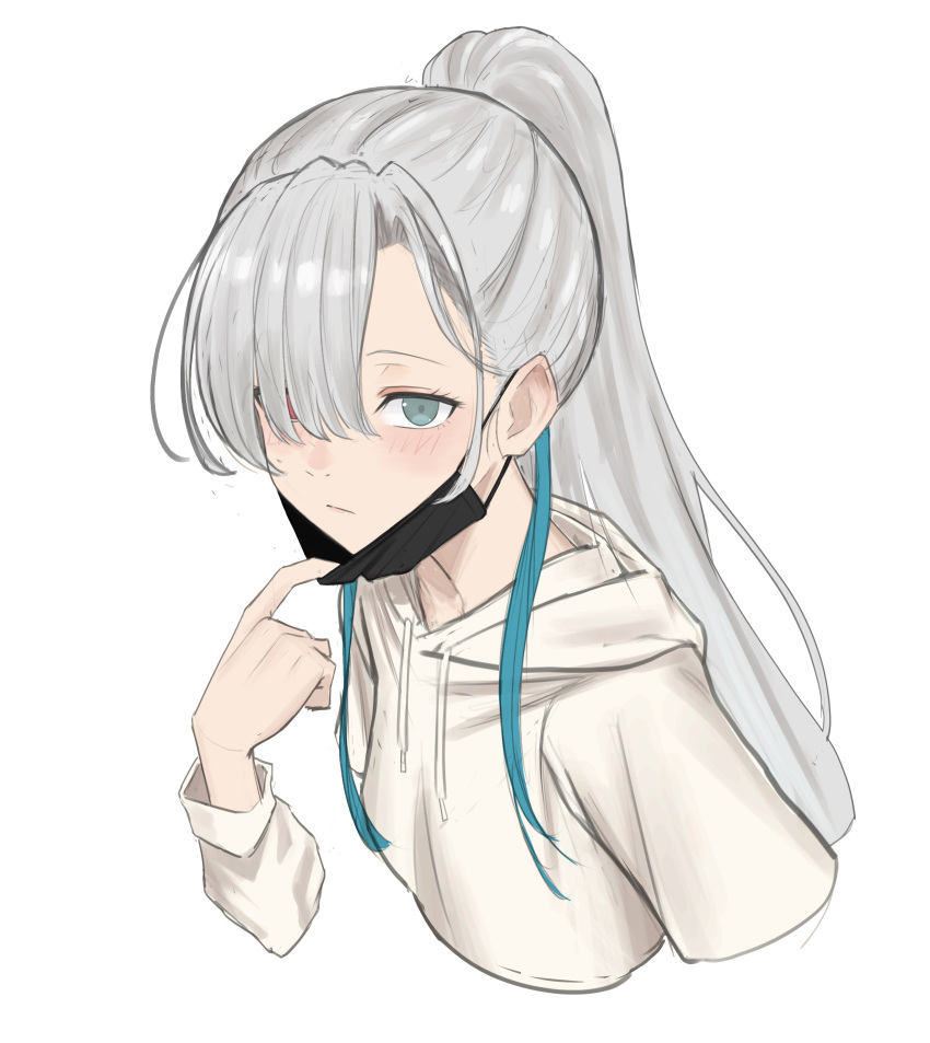 1girl :/ absurdres arm_at_side black_mask blue-eyes_white_dragon blue_eyes blush closed_mouth cropped_torso disembodied_limb drawstring grey_hair hair_over_one_eye half_updo heterochromia high_ponytail highres hood hood_down hoodie long_hair long_sleeves looking_at_viewer mask mask_around_neck mask_pull mouth_mask neko_hiiragi one_eye_covered original parted_bangs pink_eyes simple_background solo surgical_mask white_background white_hoodie