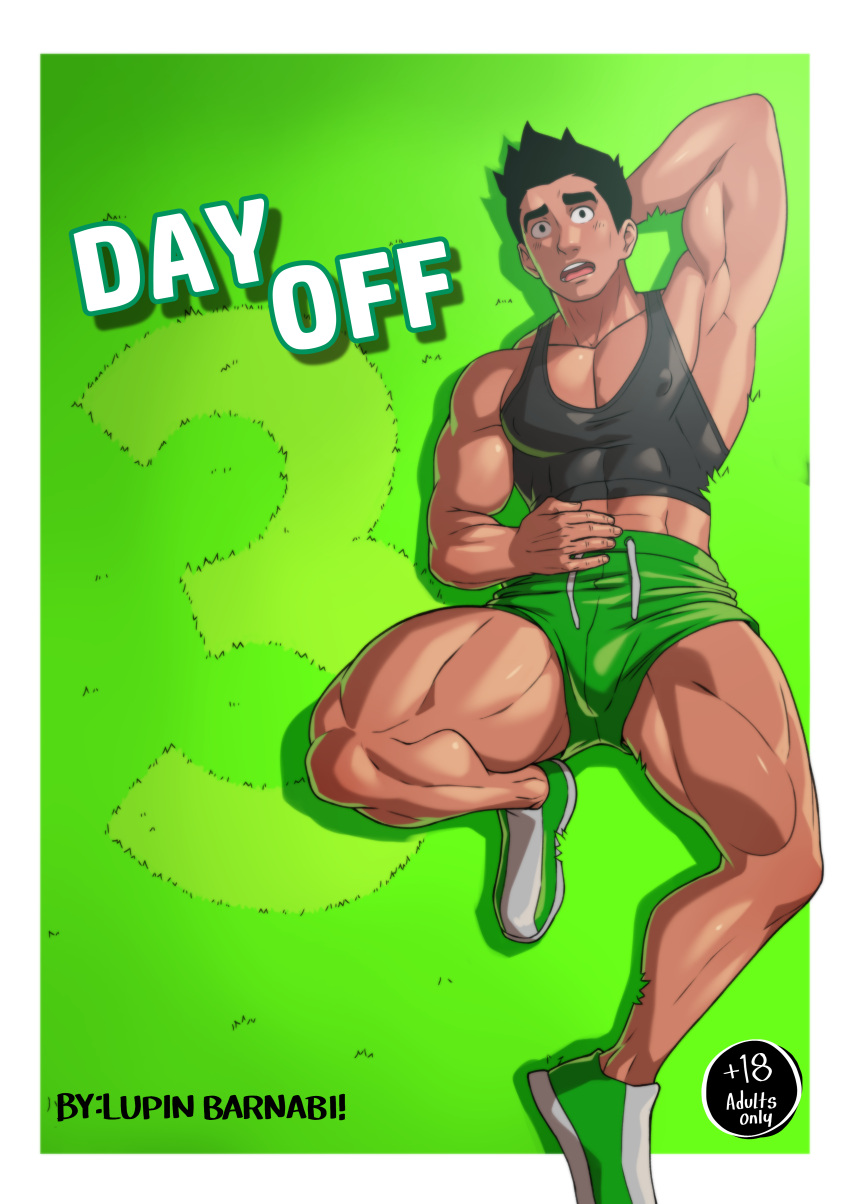 1boy abs absurdres armpits bara black_tank_top bulge cover cover_page covered_nipples dark-skinned_male dark_skin doujin_cover from_above highres little_mac looking_at_viewer lupin_barnabi lying male_focus midriff_peek muscular muscular_male on_back open_mouth paid_reward_available pectoral_cleavage pectorals punch-out!! short_hair short_shorts shorts solo tank_top thick_eyebrows thick_thighs thighs