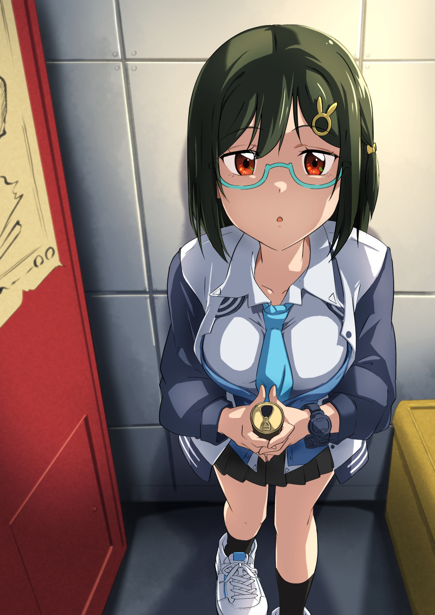 1girl :o absurdres black_skirt black_socks blue-framed_eyewear blue_archive blue_cardigan blue_necktie breasts can cardigan chihiro_(blue_archive) chihiro_(blue_archive)_(cosplay) collarbone collared_shirt cosplay drink_can glasses green_hair hair_ornament hair_ribbon highres holding holding_can jacket long_sleeves looking_at_viewer love_live! love_live!_nijigasaki_high_school_idol_club medium_breasts mifune_shioriko multicolored_clothes multicolored_jacket necktie parted_lips pleated_skirt rabbit_hair_ornament red_eyes ribbon school_uniform semi-rimless_eyewear shirt shoes skirt sneakers socks solo two-tone_jacket under-rim_eyewear upper_body watch white_footwear white_shirt wristwatch zasshoku_ojisan