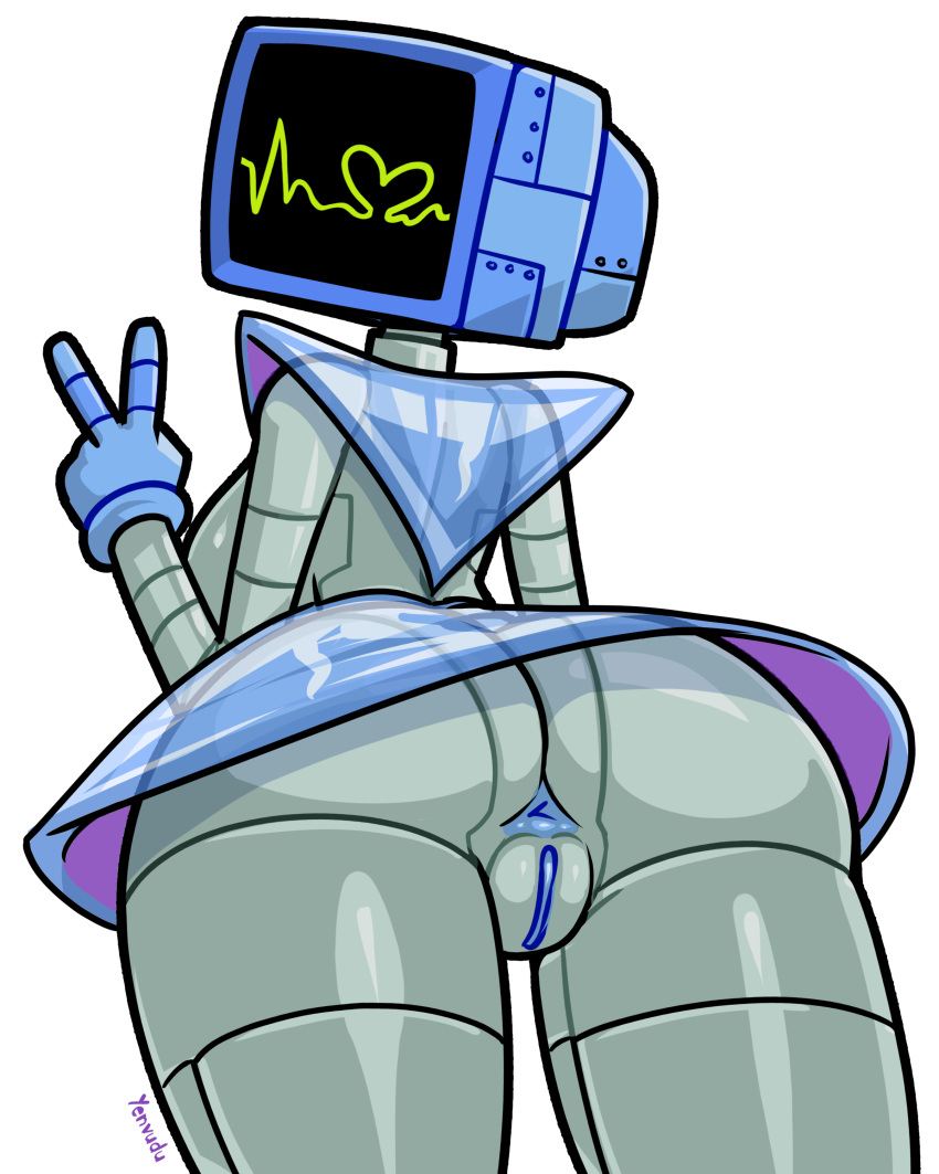 2024 5_fingers absurd_res anus arched_back big_breasts big_butt blue_anus blue_body blue_bottomwear blue_clothing blue_inner_pussy blue_skirt blue_topwear bottomwear breasts butt clothed clothed_female clothed_humanoid clothing electronics female female_humanoid fingers for_a_head genitals gesture grey_body grey_pussy hand_gesture heart_symbol hi_res humanoid karen_plankton looking_back low-angle_view machine metallic_body multicolored_body nickelodeon not_furry object_head pussy rear_view robot robot_humanoid screen screen_face screen_head signature simple_background skirt solo spongebob_squarepants standing television topwear translucent translucent_bottomwear translucent_clothing translucent_skirt translucent_topwear tv_head two_tone_body upskirt v_sign white_background yenvudu