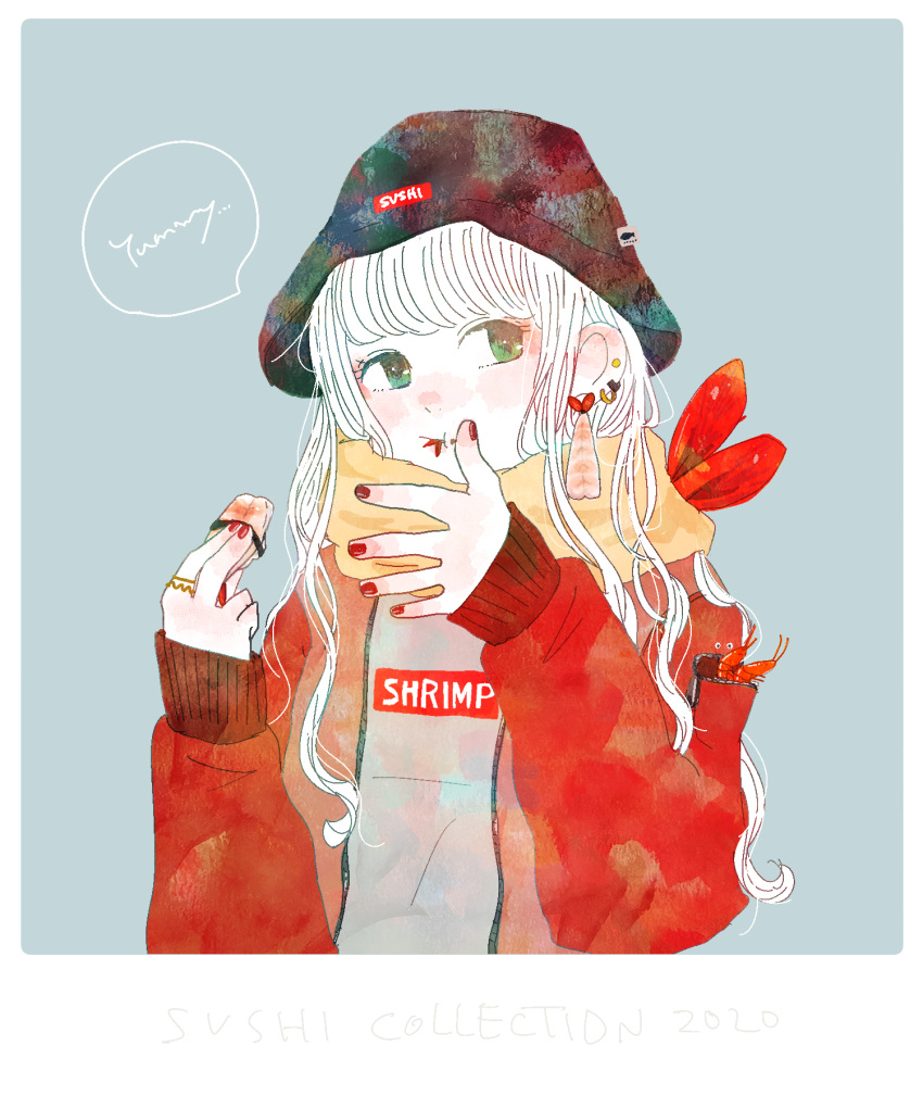 1girl black_headwear blue_background border clothes_writing earrings eating english_text food food-themed_earrings green_eyes hat highres holding holding_food jacket jewelry long_hair long_sleeves nail_polish original red_jacket red_nails ring scarf shirt shrimp simple_background sleeves_past_wrists solo speech_bubble sushi upper_body white_border white_hair yellow_scarf ygk