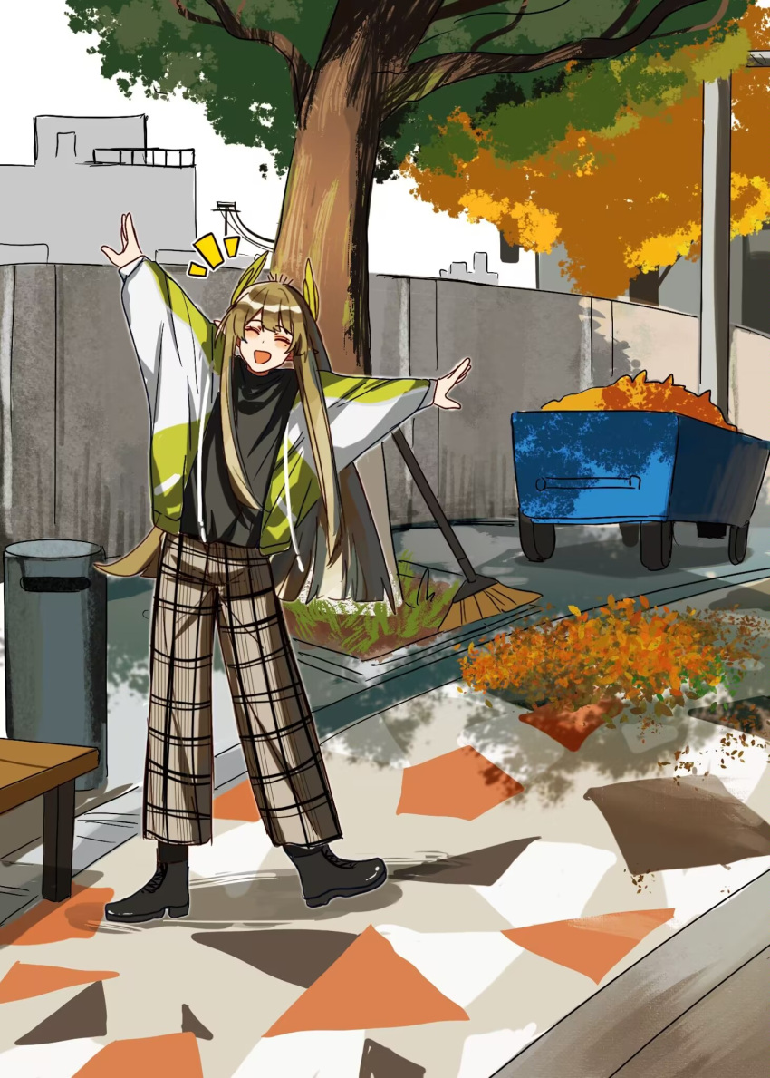 1girl arknights autumn_leaves bench black_footwear black_shirt blush brooch brown_hair brown_pants building cart closed_eyes commentary full_body green_jacket highres jacket jewelry laurel_crown leaf_pile looking_at_viewer muelsyse_(arknights) multicolored_clothes multicolored_jacket open_mouth outdoors outstretched_arms pants plaid plaid_pants road shirt sketch smile solo spread_arms trash_can tree two-tone_jacket white_jacket zuo_daoxing