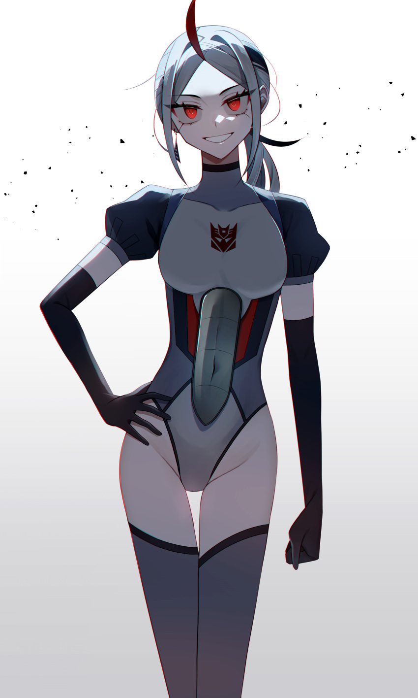 1girl absurdres black_gloves black_hair breasts clenched_hand covered_navel decepticon earrings elbow_gloves genderswap genderswap_(mtf) gloves grey_hair grey_thighhighs groin hair_behind_ear hand_on_own_hip head_tilt highres humanization idzuki_kenkyu-in jewelry low_ponytail medium_breasts multicolored_hair parted_bangs parted_lips puffy_short_sleeves puffy_sleeves red_eyes red_hair short_sleeves simple_background smile solo starscream streaked_hair thighhighs transformers transformers_prime white_background