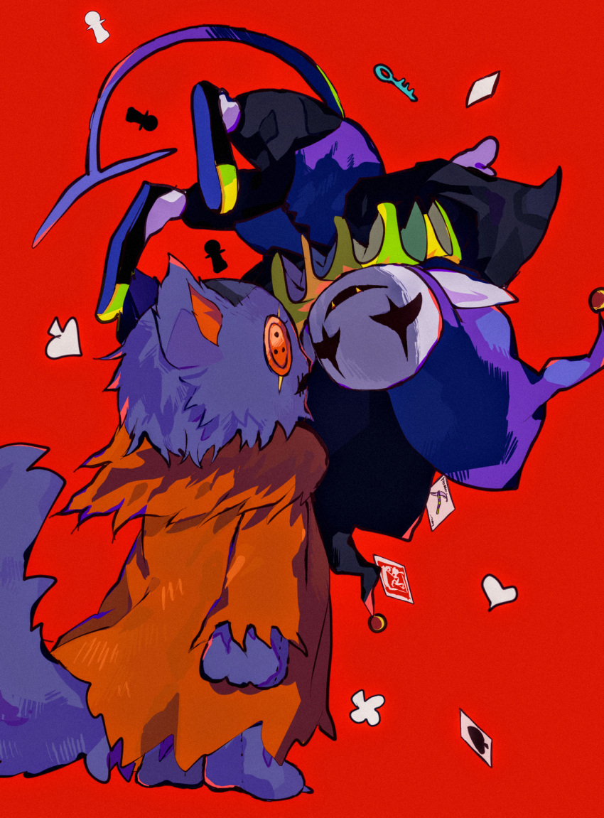 2boys animal_ears barefoot black_footwear black_sclera body_fur button_eyes card cat_ears cat_tail chess_piece coat colored_sclera colored_skin deltarune demon_tail face-to-face fangs floating floating_object fur-trimmed_coat fur_trim furry furry_male hat heart highres jester_cap jevil key male_focus multiple_boys neck_ruff no_nose orange_coat pants playing_card pointy_ears purple_fur purple_pants purple_skin red_background seam_(deltarune) simple_background smile spade_(shape) standing tail upside-down y_o_u_k_a