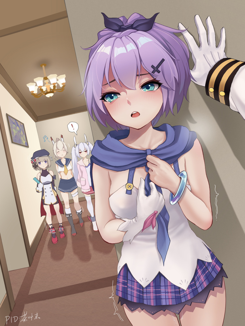 ! 4girls absurdres aqua_eyes artist_name ayanami_(azur_lane) azur_lane bare_shoulders beret blonde_hair blue_eyes blue_sailor_collar blue_skirt boots bracelet breasts cardigan chandelier chaye_mo chinese_commentary commentary_request covered_nipples crop_top cross cross_hair_ornament dutch_angle gloves grey_hair hair_ornament hair_ribbon hallway hat highres iron_cross javelin_(azur_lane) jewelry jitome kabedon laffey_(azur_lane) medium_breasts medium_hair multiple_girls musical_note neckerchief open_cardigan open_clothes painting_(object) pink_cardigan pleated_skirt pov pov_hands purple_hair purple_ribbon purple_skirt pussy_juice pussy_juice_trail red_eyes red_skirt ribbon sailor_collar shirt signature single_glove skirt solo_focus spoken_exclamation_mark spoken_musical_note thigh_gap thighhighs thighs trembling twintails white_gloves white_shirt white_thighhighs yellow_neckerchief z23_(azur_lane)